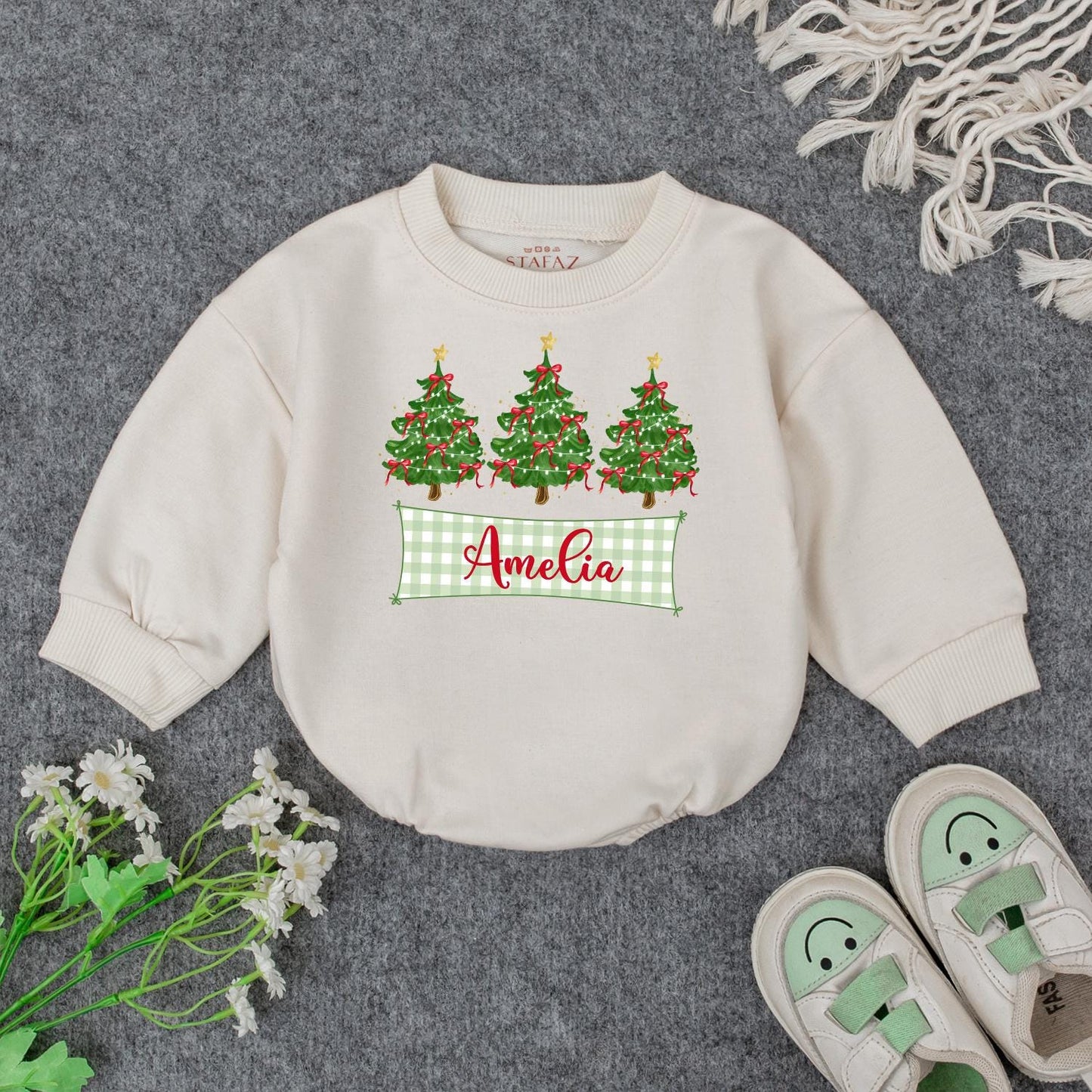 Personalized Baby's First Christmas Romper with Checkered Banner & Trees | Custom Name Xmas Outfit Cute Newborn Holiday Gift Bodysuit for Amelia 139 chars