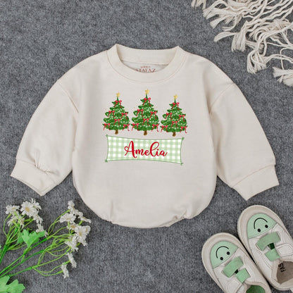 Personalized Baby's First Christmas Romper with Checkered Banner & Trees | Custom Name Xmas Outfit Cute Newborn Holiday Gift Bodysuit for Amelia 139 chars