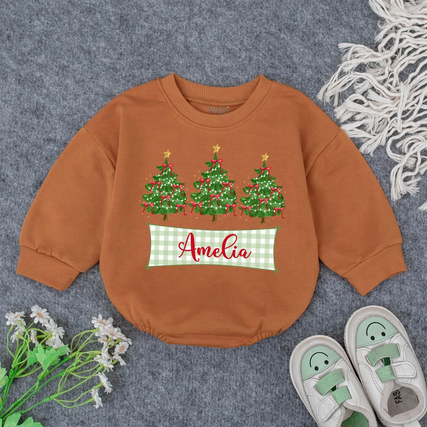 Personalized Baby's First Christmas Romper with Checkered Banner & Trees | Custom Name Xmas Outfit Cute Newborn Holiday Gift Bodysuit for Amelia 139 chars