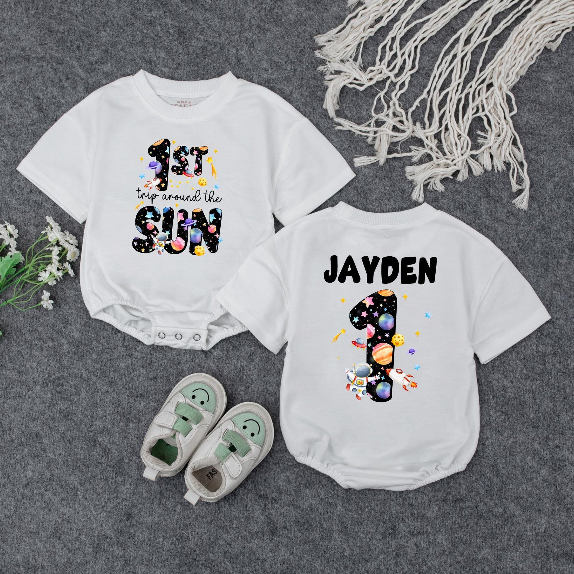 Space-Themed 1st Birthday Romper | Personalized Baby Outfit '1st Trip Around the Sun' | Custom Name Bodysuit | Galaxy Design for Baby Girl or Boy