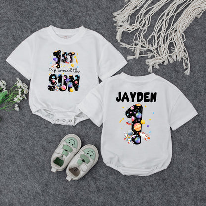 Space-Themed 1st Birthday Romper | Personalized Baby Outfit '1st Trip Around the Sun' | Custom Name Bodysuit | Galaxy Design for Baby Girl or Boy