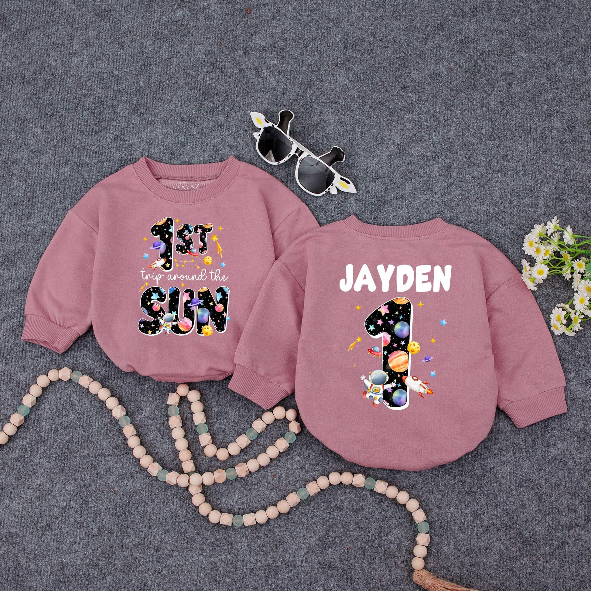 Space-Themed 1st Birthday Romper | Personalized Baby Outfit '1st Trip Around the Sun' | Custom Name Bodysuit | Galaxy Design for Baby Girl or Boy