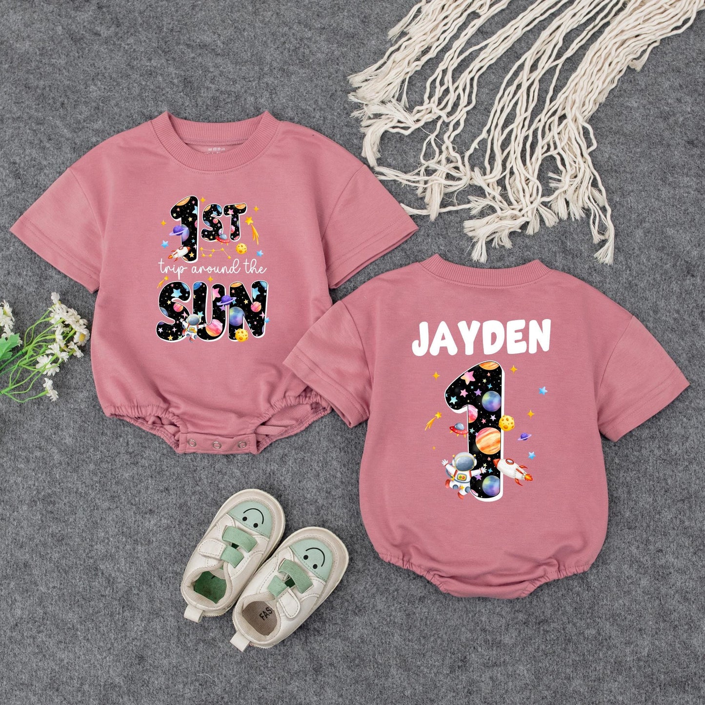 Space-Themed 1st Birthday Romper | Personalized Baby Outfit '1st Trip Around the Sun' | Custom Name Bodysuit | Galaxy Design for Baby Girl or Boy