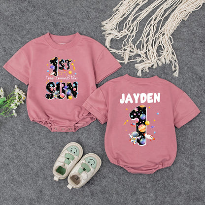 Space-Themed 1st Birthday Romper | Personalized Baby Outfit '1st Trip Around the Sun' | Custom Name Bodysuit | Galaxy Design for Baby Girl or Boy