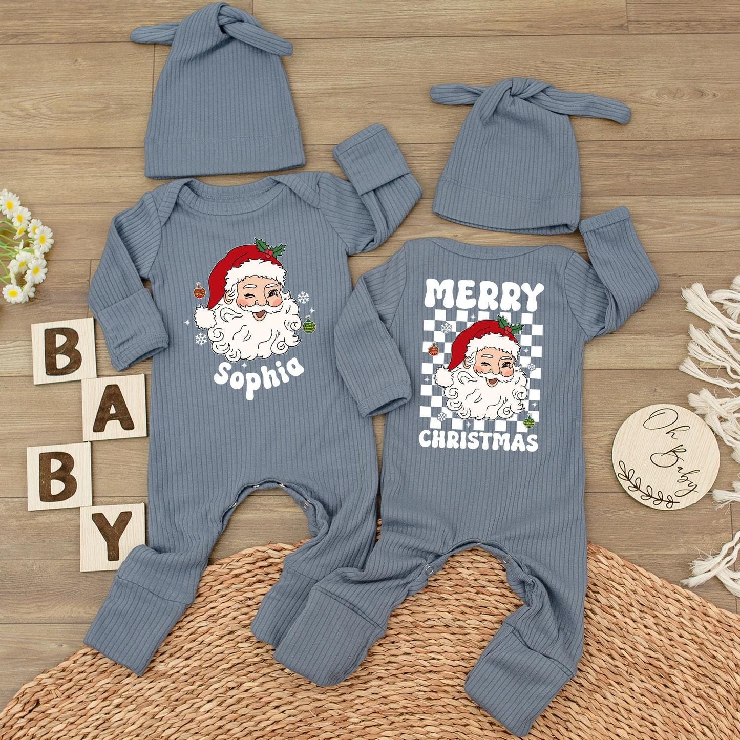 Personalized Santa Baby Bodysuit Cute Neutral Holiday Romper with Hat Custom Name Merry Christmas Gift For Infants