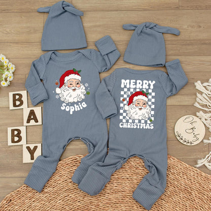 Personalized Santa Baby Bodysuit Cute Neutral Holiday Romper with Hat Custom Name Merry Christmas Gift For Infants