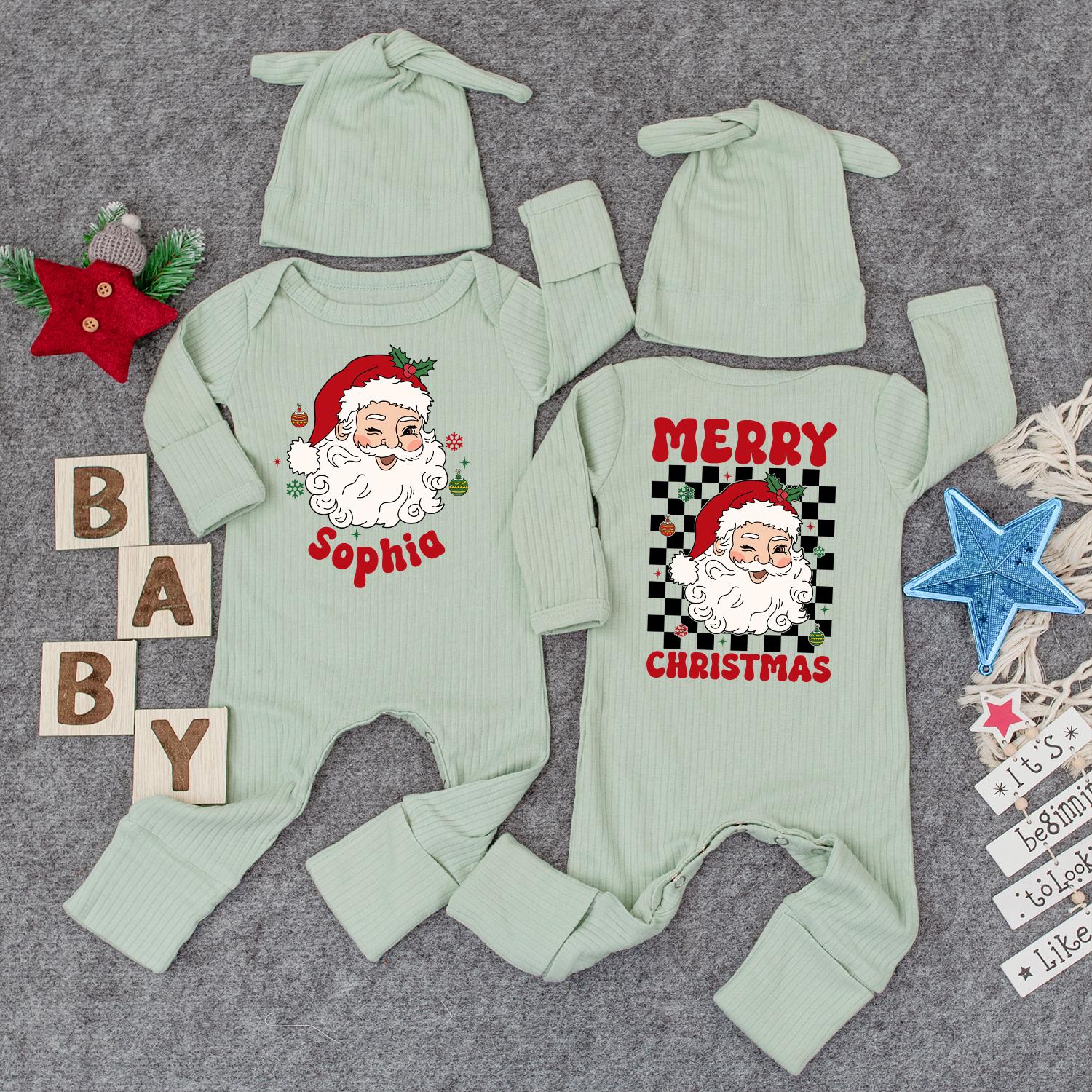 Personalized Santa Baby Bodysuit Cute Neutral Holiday Romper with Hat Custom Name Merry Christmas Gift For Infants