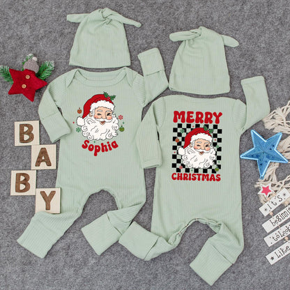 Personalized Santa Baby Bodysuit Cute Neutral Holiday Romper with Hat Custom Name Merry Christmas Gift For Infants