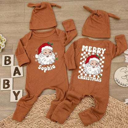 Personalized Santa Baby Bodysuit Cute Neutral Holiday Romper with Hat Custom Name Merry Christmas Gift For Infants