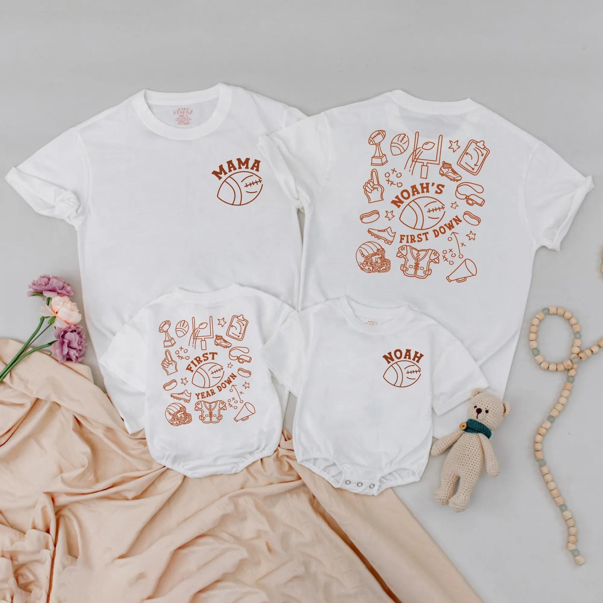 Matching Football 1st Birthday Shirts: Mama & Noah Designs, First Down Year Down Toddler Outfit, Baby Boy & Girl Matching Family Game Day Gift (140 chars)