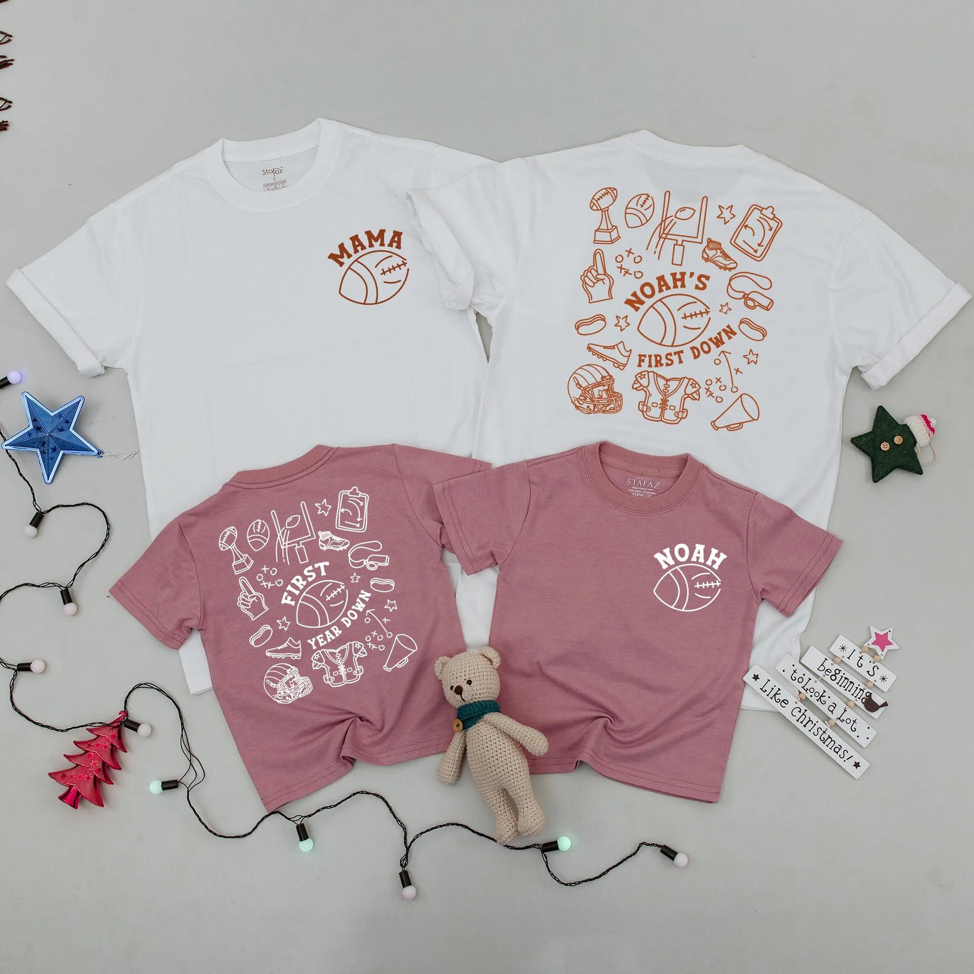 Matching Football 1st Birthday Shirts: Mama & Noah Designs, First Down Year Down Toddler Outfit, Baby Boy & Girl Matching Family Game Day Gift (140 chars)