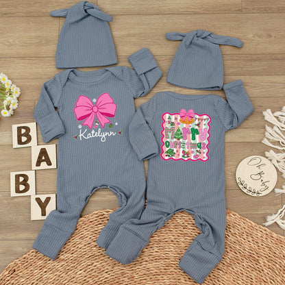 Personalized Christmas Baby Girl Romper with Pink Bow & Hat, Custom Name Holiday Outfit Neutral Xmas Gift Cute Bodysuit, Festive First Christmas (138)