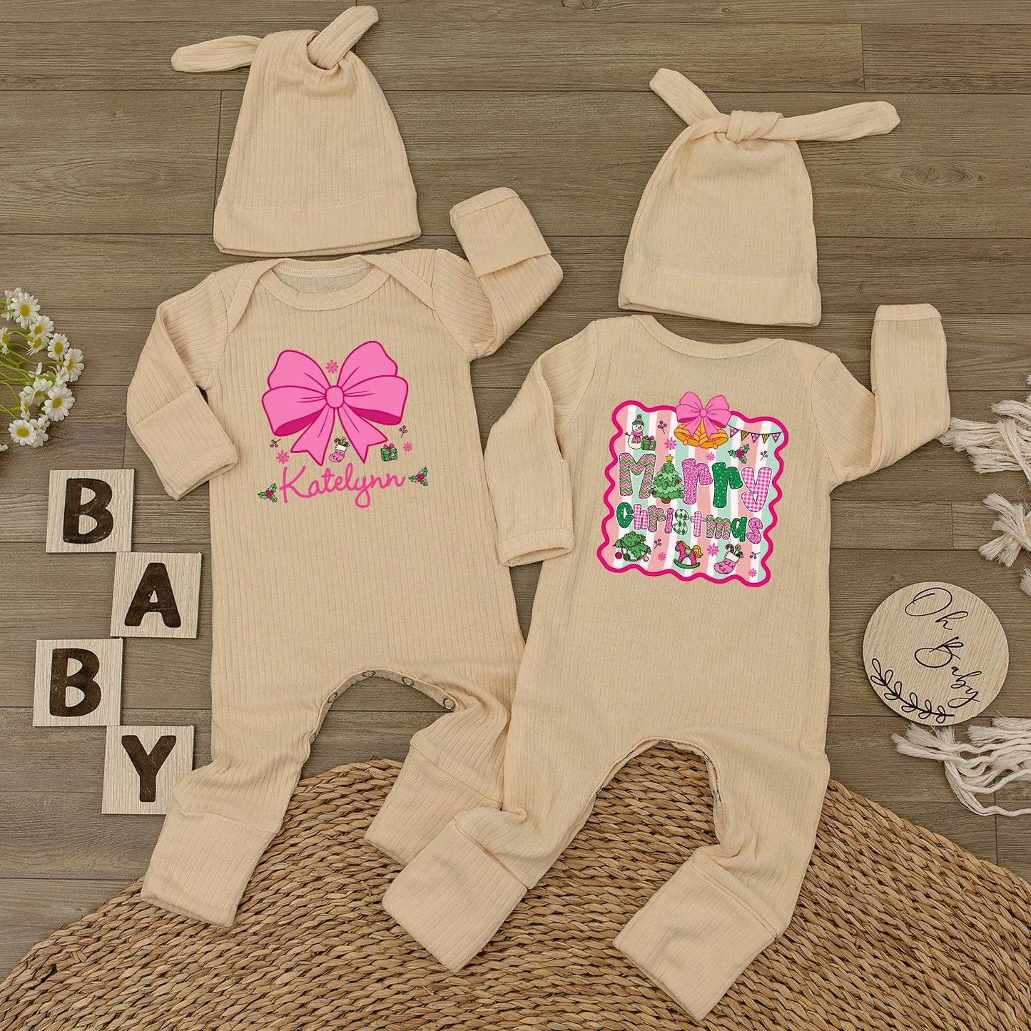 Personalized Christmas Baby Girl Romper with Pink Bow & Hat, Custom Name Holiday Outfit Neutral Xmas Gift Cute Bodysuit, Festive First Christmas (138)