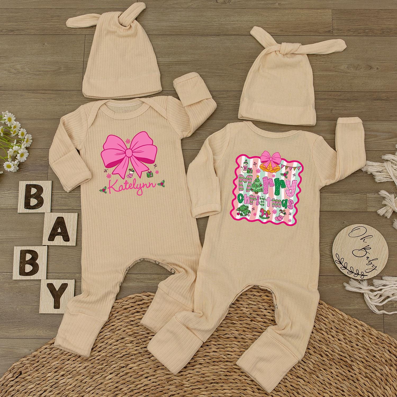 Personalized Christmas Baby Girl Romper with Pink Bow & Hat, Custom Name Holiday Outfit Neutral Xmas Gift Cute Bodysuit, Festive First Christmas (138)
