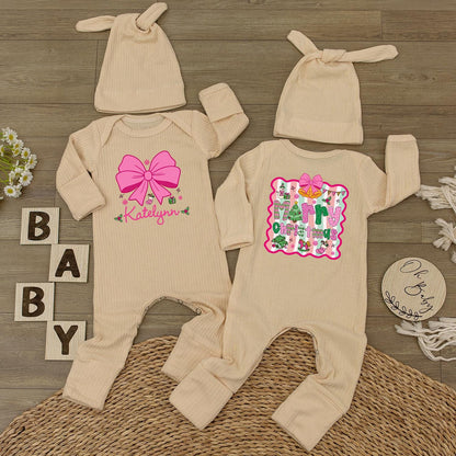 Personalized Christmas Baby Girl Romper with Pink Bow & Hat, Custom Name Holiday Outfit Neutral Xmas Gift Cute Bodysuit, Festive First Christmas (138)