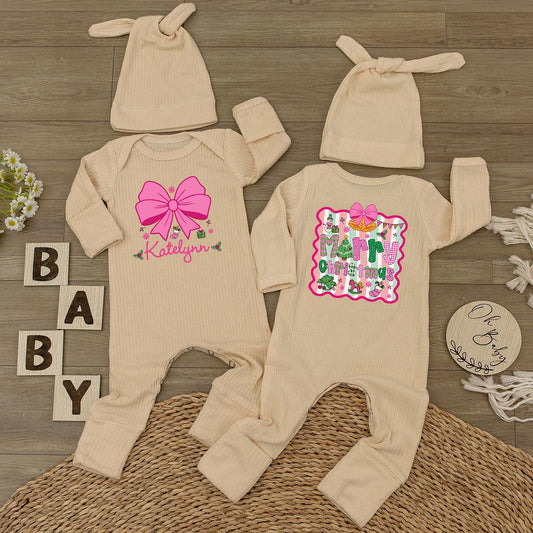 Personalized Christmas Baby Girl Romper with Pink Bow & Hat, Custom Name Holiday Outfit Neutral Xmas Gift Cute Bodysuit, Festive First Christmas (138)