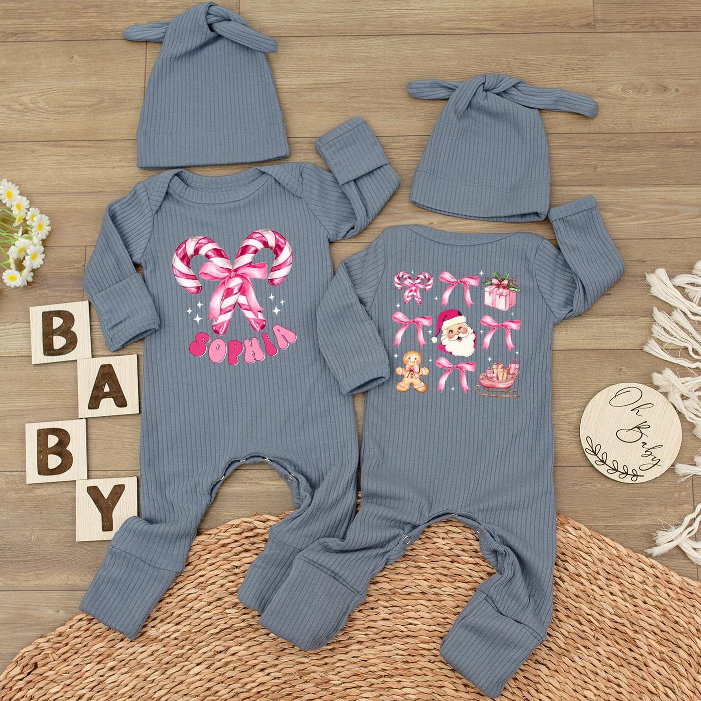 Personalized Christmas Baby Girl Bodysuit with Candy Cane Santa Pink Romper & Hat Custom Name Holiday Festive Infant Outfit Gift