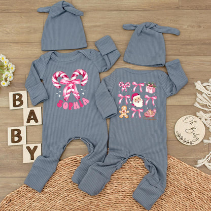 Personalized Christmas Baby Girl Bodysuit with Candy Cane Santa Pink Romper & Hat Custom Name Holiday Festive Infant Outfit Gift