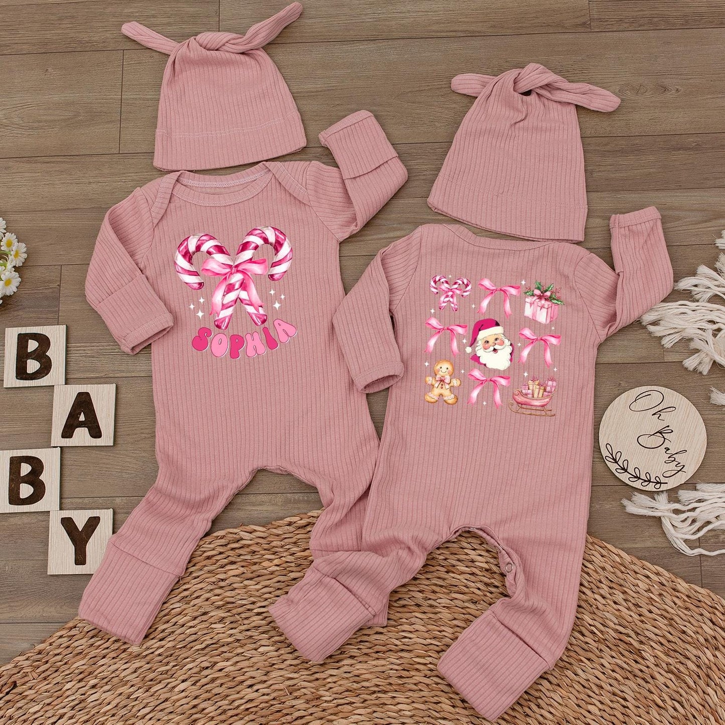 Personalized Christmas Baby Girl Bodysuit with Candy Cane Santa Pink Romper & Hat Custom Name Holiday Festive Infant Outfit Gift