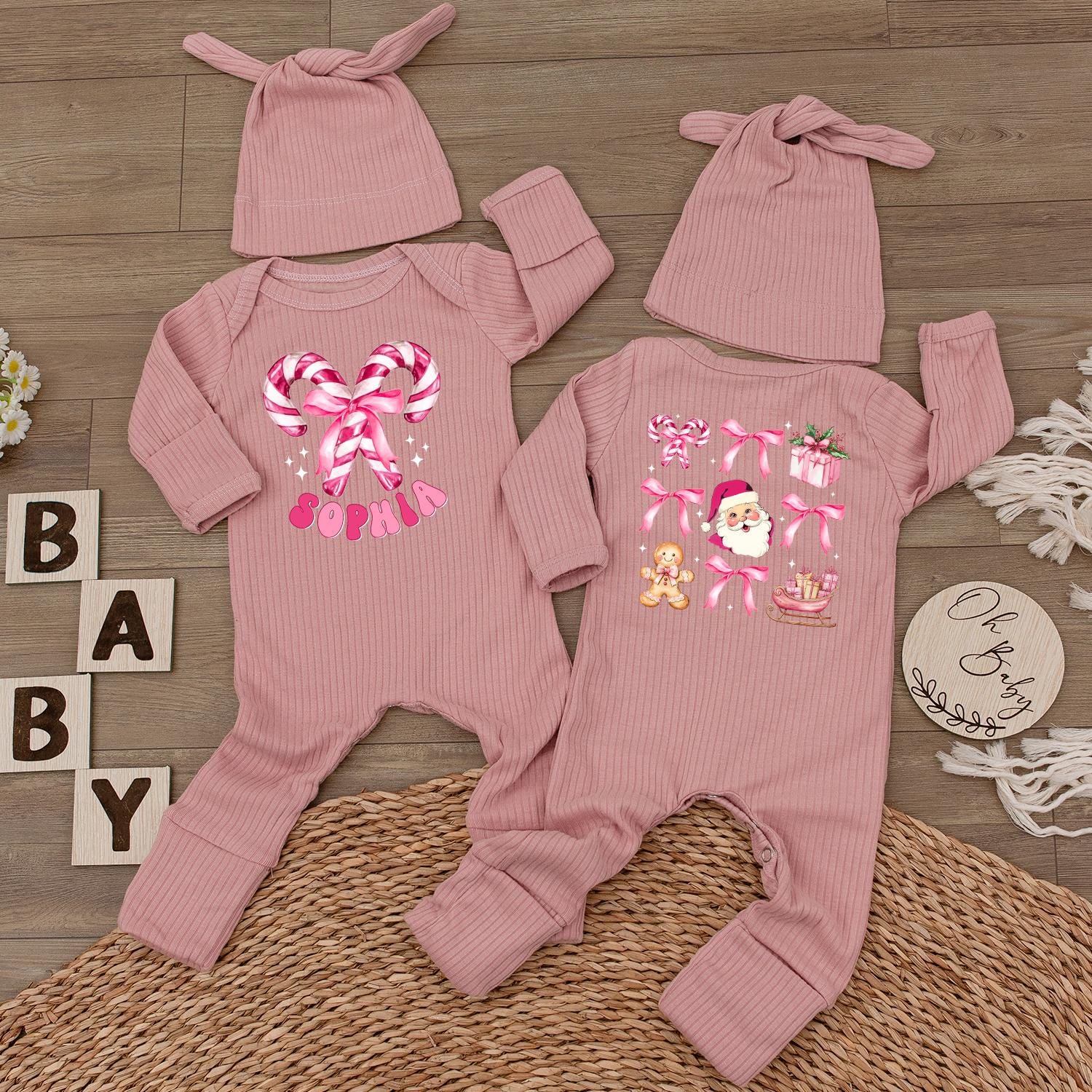 Personalized Christmas Baby Girl Bodysuit with Candy Cane Santa Pink Romper & Hat Custom Name Holiday Festive Infant Outfit Gift