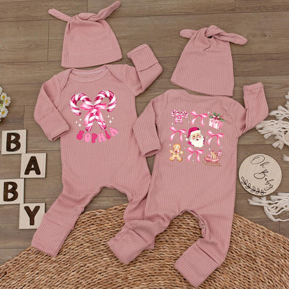 Personalized Christmas Baby Girl Bodysuit with Candy Cane Santa Pink Romper & Hat Custom Name Holiday Festive Infant Outfit Gift