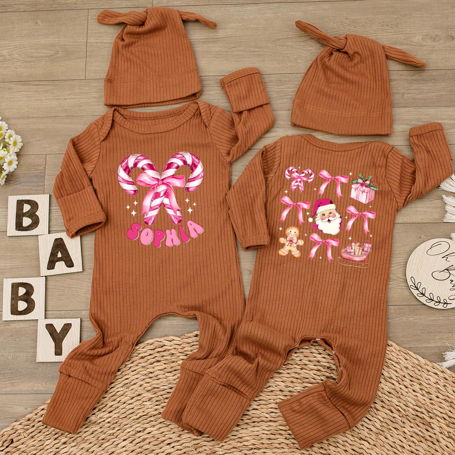 Personalized Christmas Baby Girl Bodysuit with Candy Cane Santa Pink Romper & Hat Custom Name Holiday Festive Infant Outfit Gift