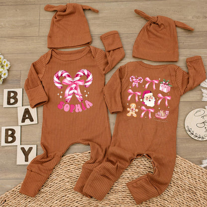 Personalized Christmas Baby Girl Bodysuit with Candy Cane Santa Pink Romper & Hat Custom Name Holiday Festive Infant Outfit Gift