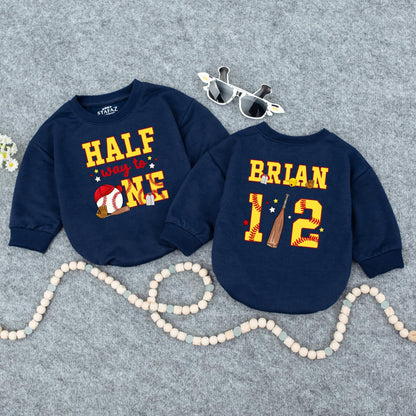 Custom Baseball Half Birthday Baby Boy Romper Yellow Red 'Half Way to One' 6 Month Milestone Outfit with Glove Bat & Stitching