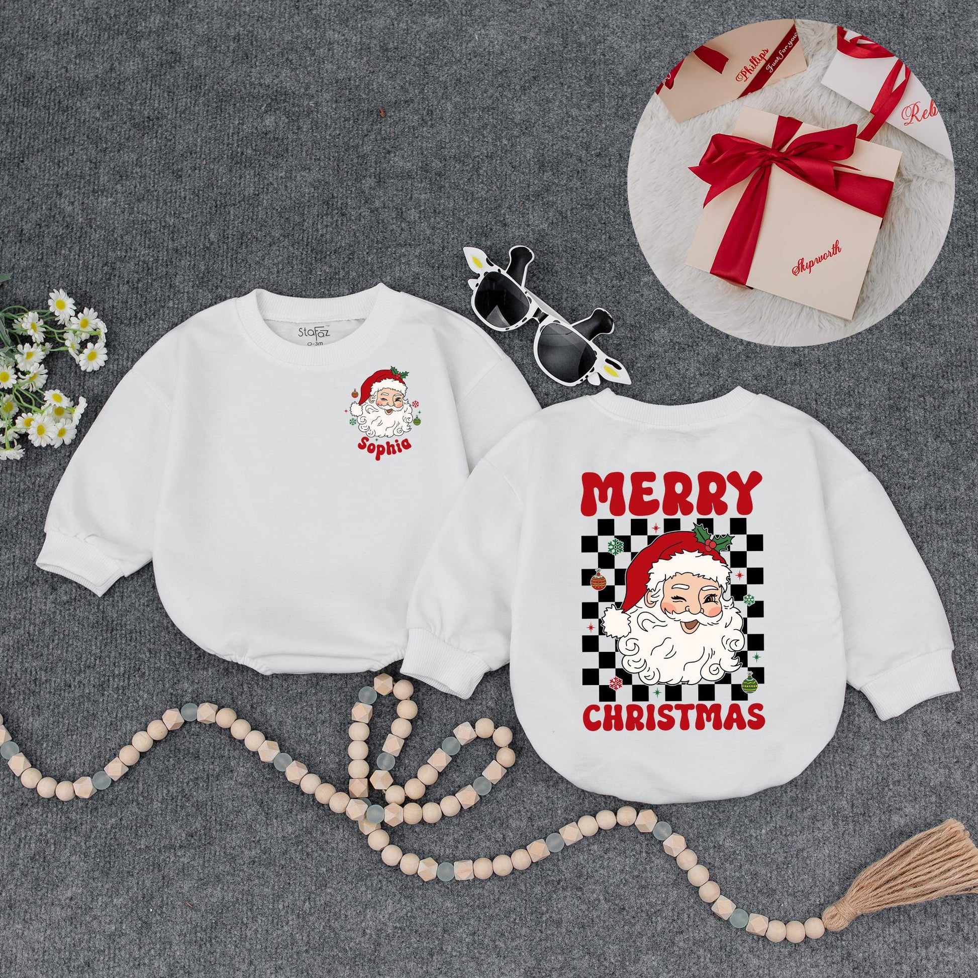 Personalized Christmas Baby Romper: Sophia's Santa Outfit with Checkerboard Detail, Custom Holiday Bodysuit, Cute Xmas Gift, Red, Green & White (140 chars)