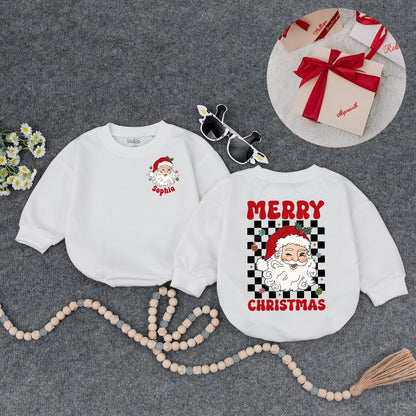 Personalized Christmas Baby Romper: Sophia's Santa Outfit with Checkerboard Detail, Custom Holiday Bodysuit, Cute Xmas Gift, Red, Green & White (140 chars)