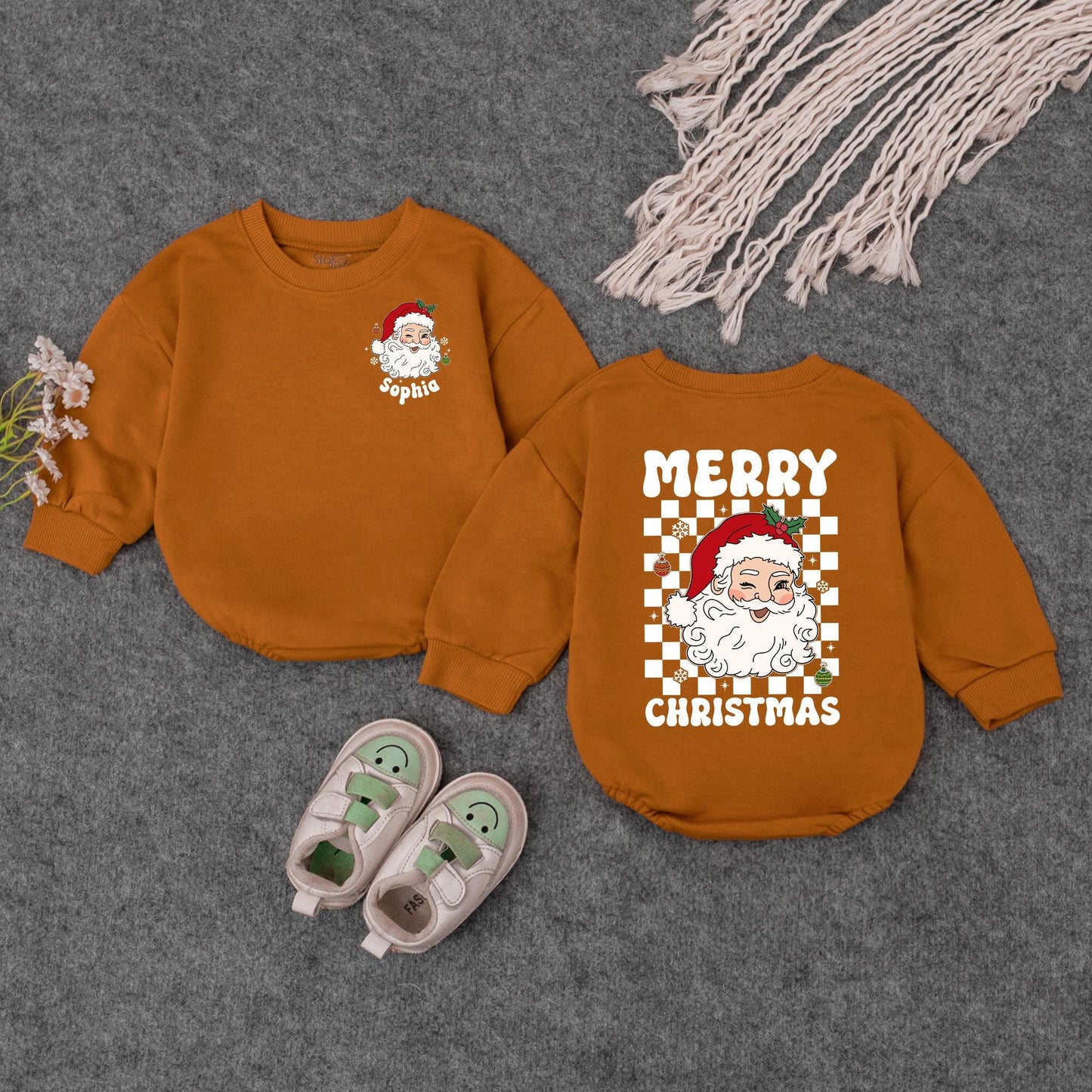 Personalized Christmas Baby Romper: Sophia's Santa Outfit with Checkerboard Detail, Custom Holiday Bodysuit, Cute Xmas Gift, Red, Green & White (140 chars)