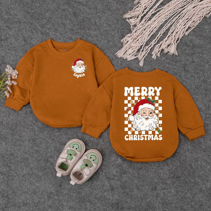 Personalized Christmas Baby Romper: Sophia's Santa Outfit with Checkerboard Detail, Custom Holiday Bodysuit, Cute Xmas Gift, Red, Green & White (140 chars)