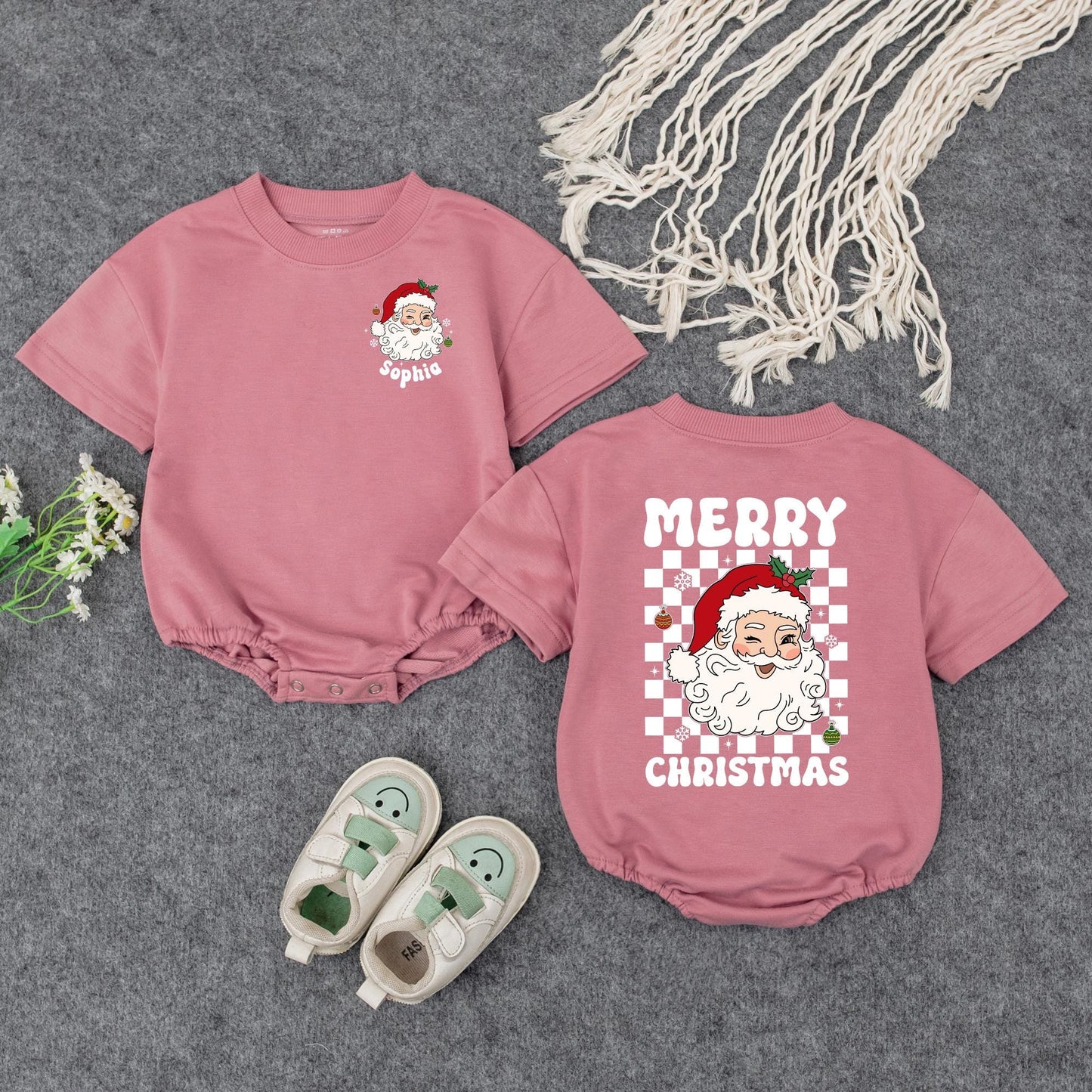 Personalized Christmas Baby Romper: Sophia's Santa Outfit with Checkerboard Detail, Custom Holiday Bodysuit, Cute Xmas Gift, Red, Green & White (140 chars)