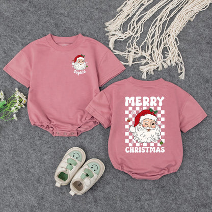 Personalized Christmas Baby Romper: Sophia's Santa Outfit with Checkerboard Detail, Custom Holiday Bodysuit, Cute Xmas Gift, Red, Green & White (140 chars)