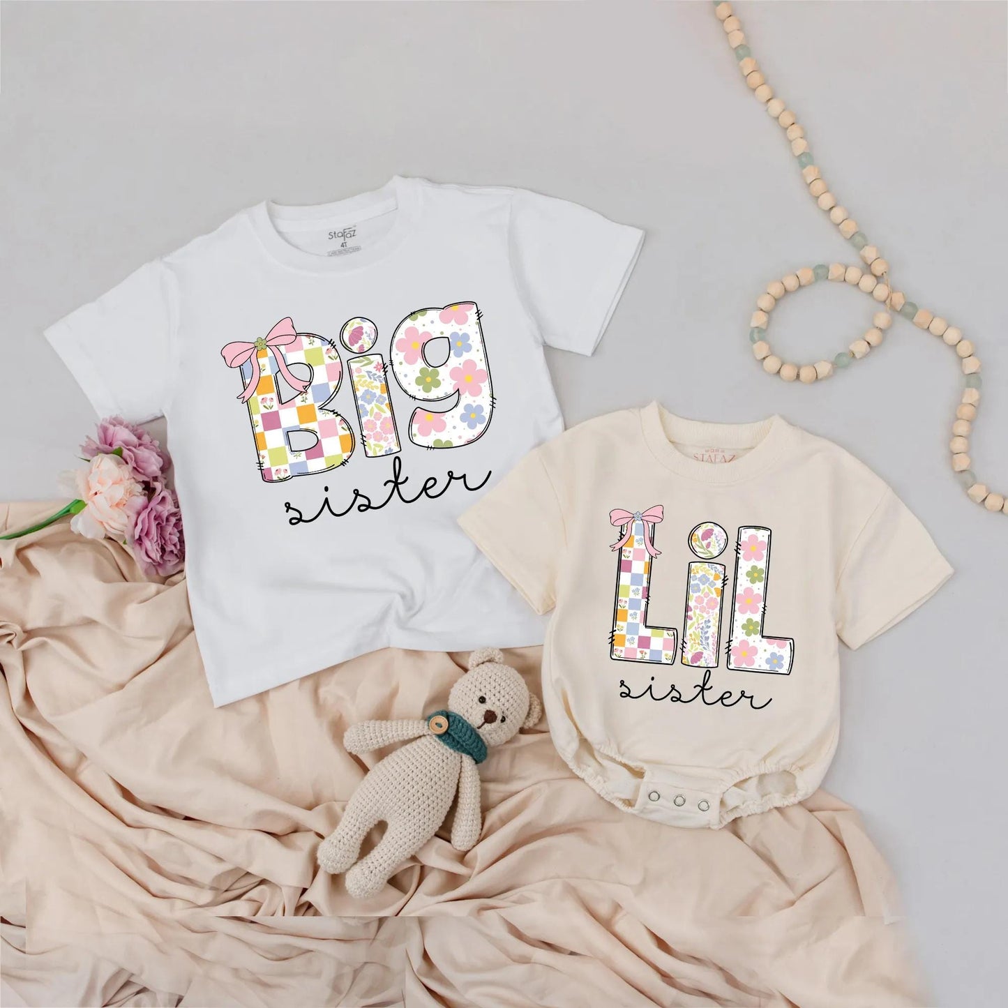 Custom Big Lil Sister Shirts Retro Floral Patchwork Matching Sibling Outfit Pastel Vintage Playful Baby Girl Announcement Gift Soft Cotton