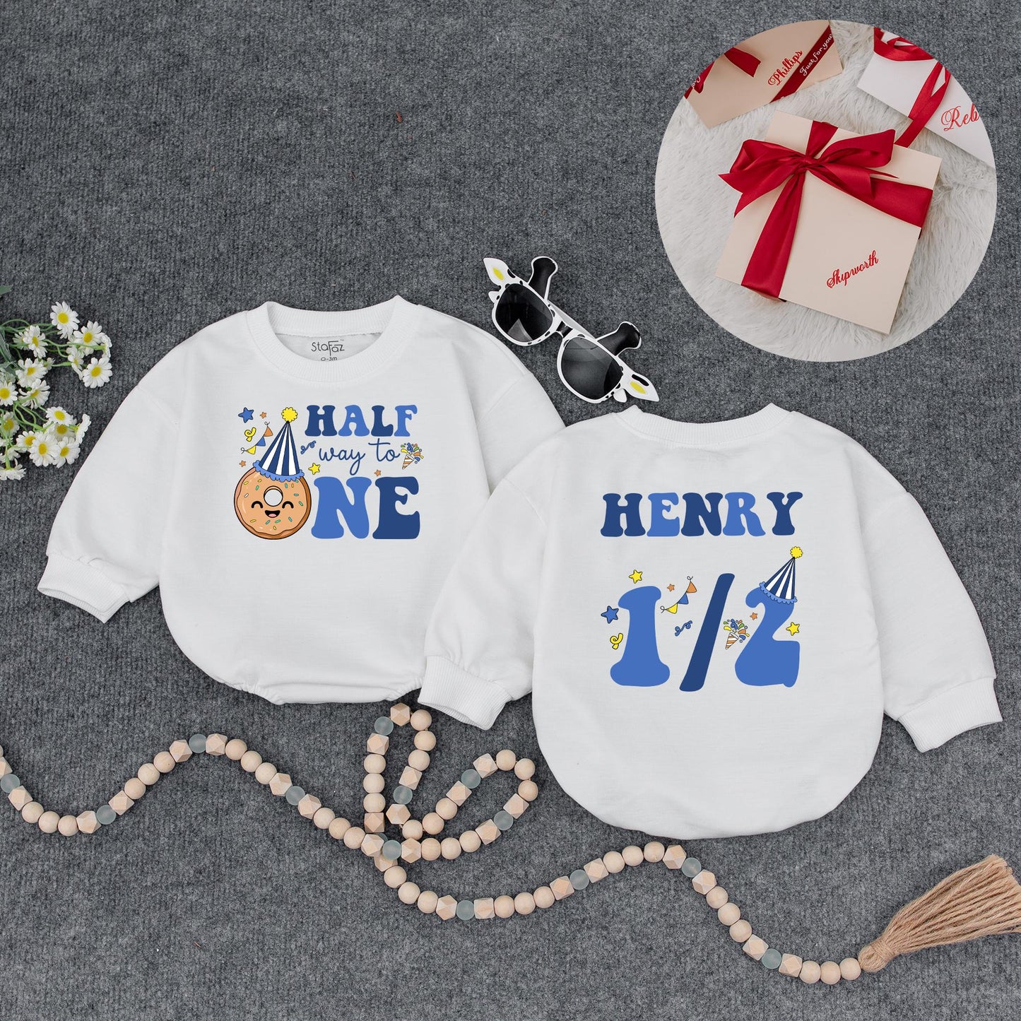 Custom Name Baby Boy Half Birthday Romper with Royal Blue Halfway to One Design Doughnut Party Hat 6 Month Celebration Outfit