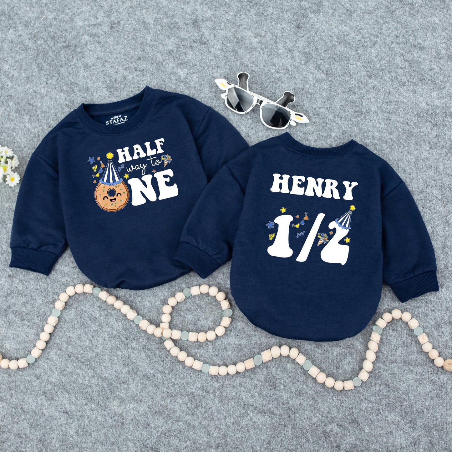 Custom Name Baby Boy Half Birthday Romper with Royal Blue Halfway to One Design Doughnut Party Hat 6 Month Celebration Outfit