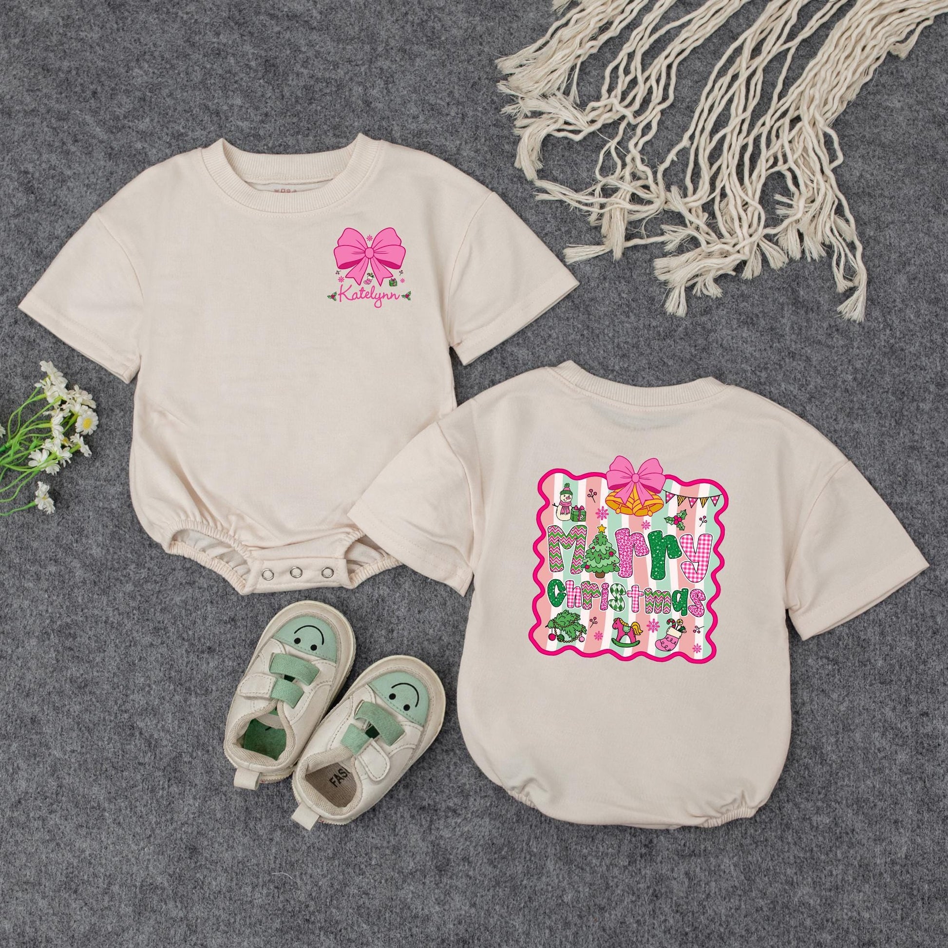 Personalized Merry Christmas Baby Girl Romper, Custom Name Pink Bow Outfit, Festive Holiday Xmas Romper, Adorable Winter Gift Idea (138 chars)