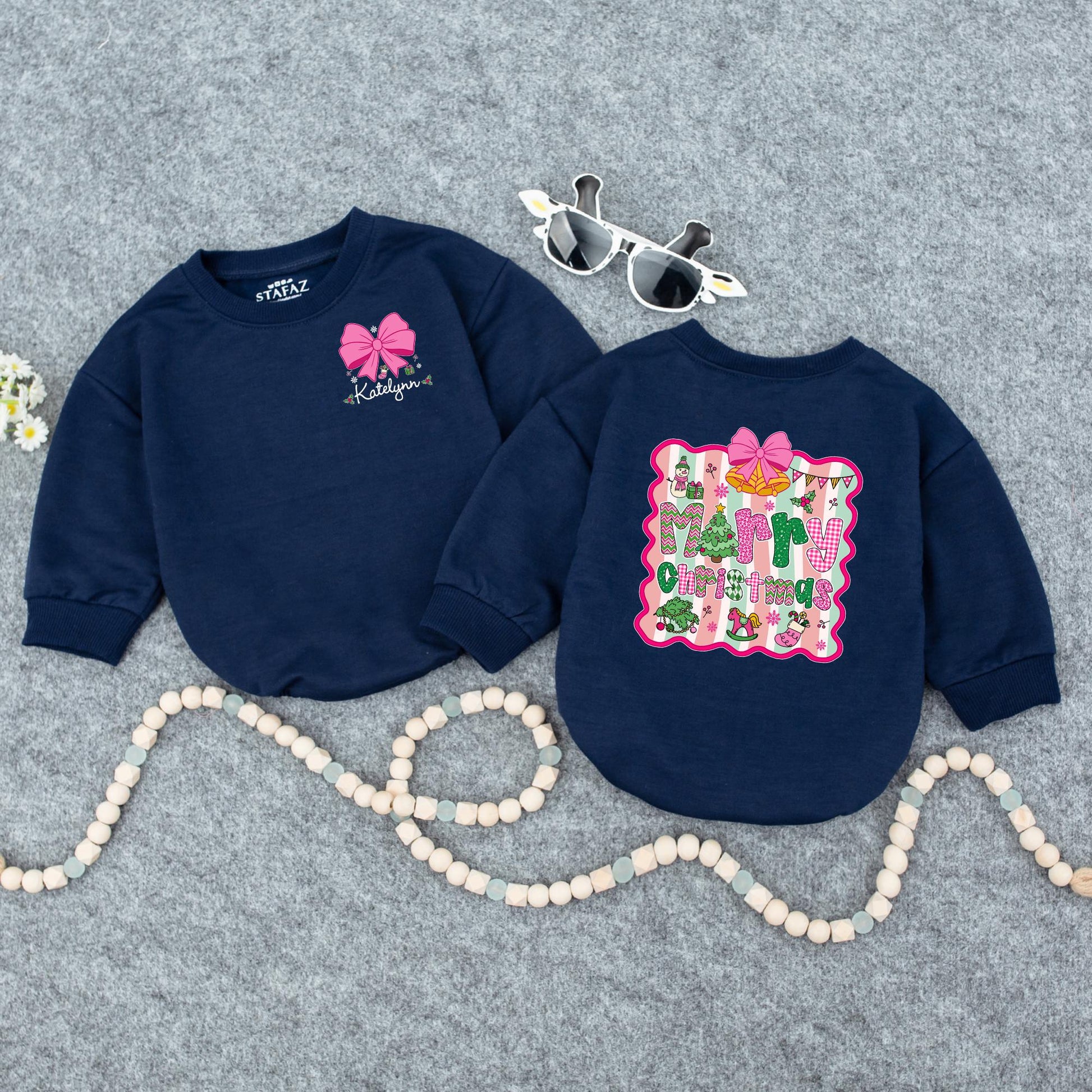 Personalized Merry Christmas Baby Girl Romper, Custom Name Pink Bow Outfit, Festive Holiday Xmas Romper, Adorable Winter Gift Idea (138 chars)