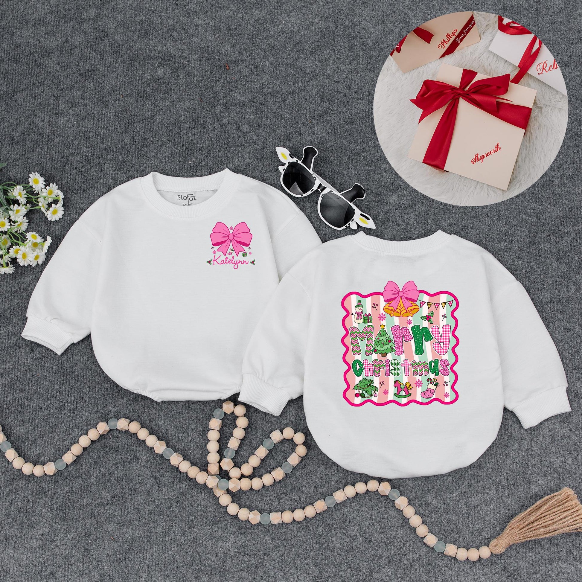 Personalized Merry Christmas Baby Girl Romper, Custom Name Pink Bow Outfit, Festive Holiday Xmas Romper, Adorable Winter Gift Idea (138 chars)