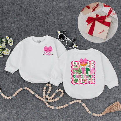 Personalized Merry Christmas Baby Girl Romper, Custom Name Pink Bow Outfit, Festive Holiday Xmas Romper, Adorable Winter Gift Idea (138 chars)