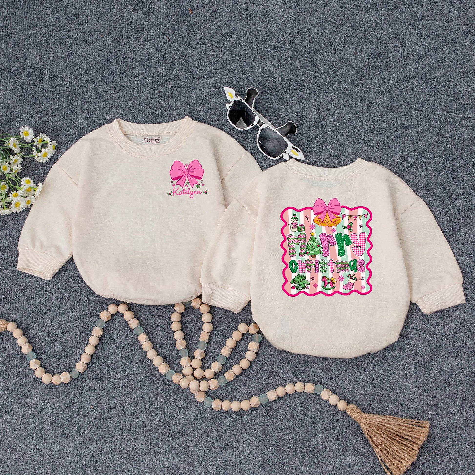 Personalized Merry Christmas Baby Girl Romper, Custom Name Pink Bow Outfit, Festive Holiday Xmas Romper, Adorable Winter Gift Idea (138 chars)