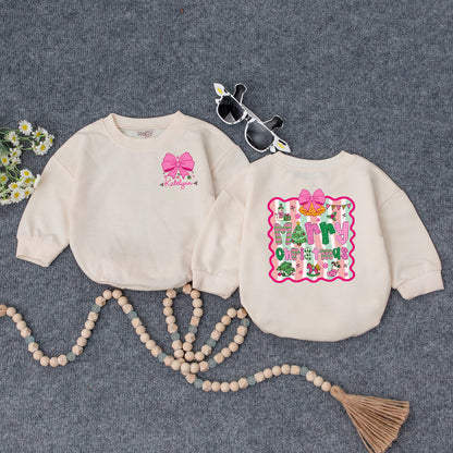 Personalized Merry Christmas Baby Girl Romper, Custom Name Pink Bow Outfit, Festive Holiday Xmas Romper, Adorable Winter Gift Idea (138 chars)