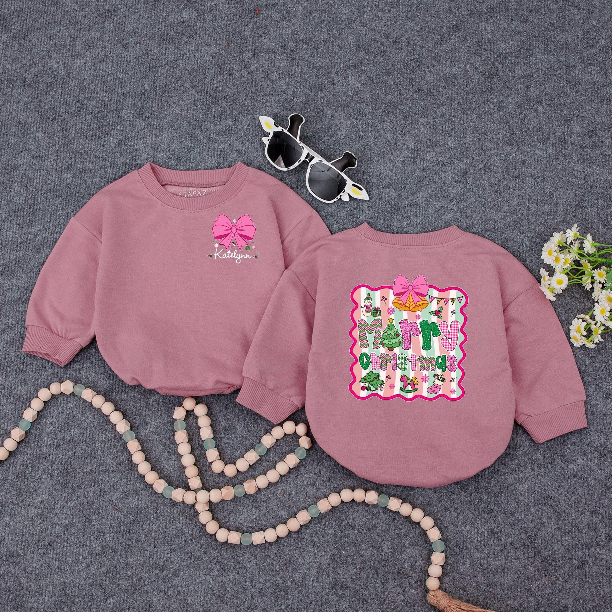 Personalized Merry Christmas Baby Girl Romper, Custom Name Pink Bow Outfit, Festive Holiday Xmas Romper, Adorable Winter Gift Idea (138 chars)