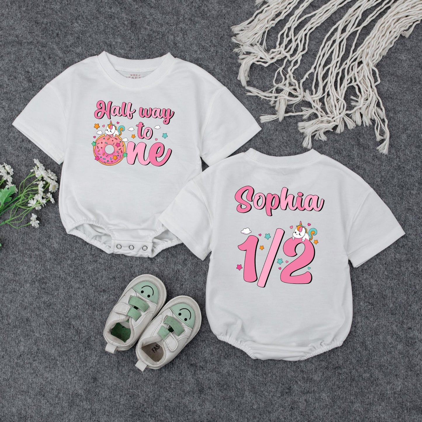 Half Way to One Unicorn Romper for Baby Girl 6 Month Birthday Outfit Personalized Pink Unicorn Half Birthday Bodysuit Adorable Unicorn Cake Baby Shower Gift Idea