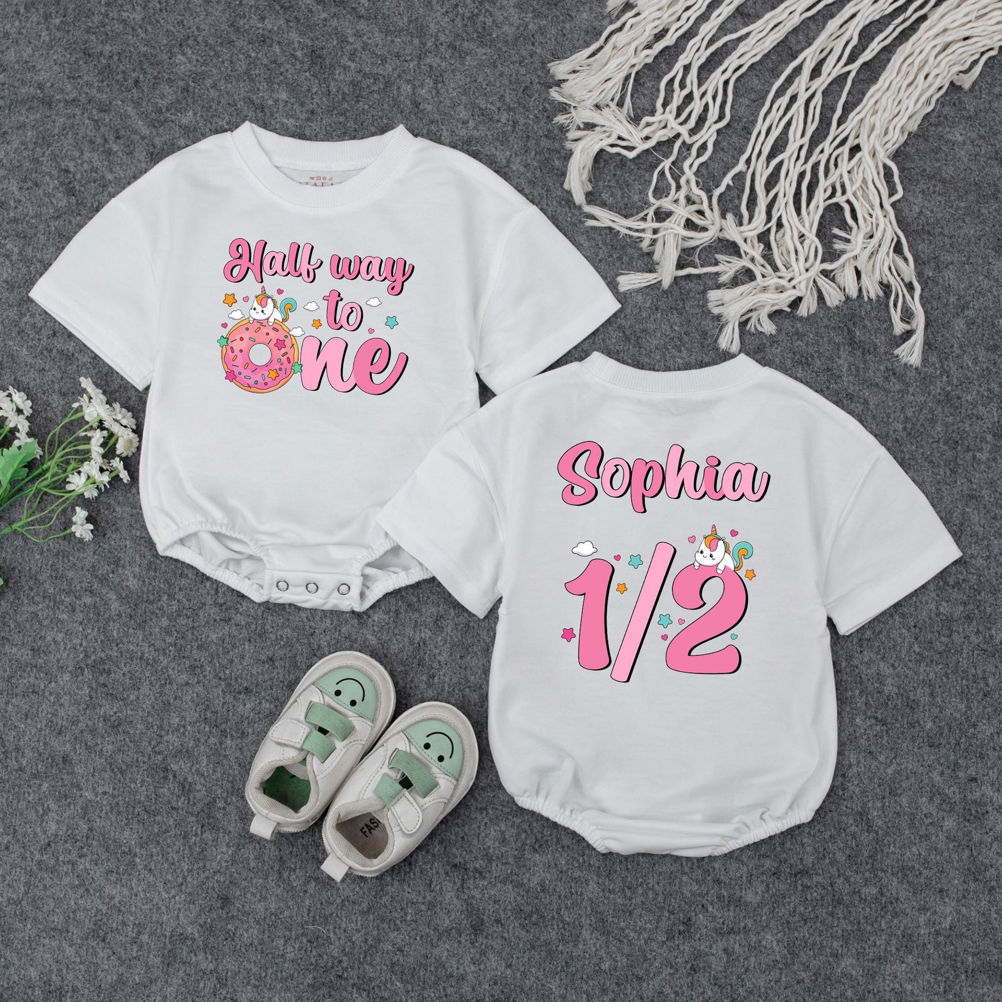 Half Way to One Unicorn Romper for Baby Girl 6 Month Birthday Outfit Personalized Pink Unicorn Half Birthday Bodysuit Adorable Unicorn Cake Baby Shower Gift Idea