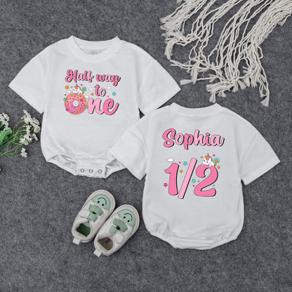 Half Way to One Unicorn Romper for Baby Girl 6 Month Birthday Outfit Personalized Pink Unicorn Half Birthday Bodysuit Adorable Unicorn Cake Baby Shower Gift Idea