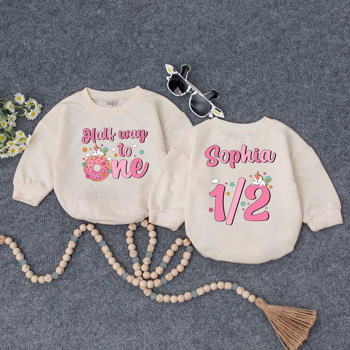 Half Way to One Unicorn Romper for Baby Girl 6 Month Birthday Outfit Personalized Pink Unicorn Half Birthday Bodysuit Adorable Unicorn Cake Baby Shower Gift Idea