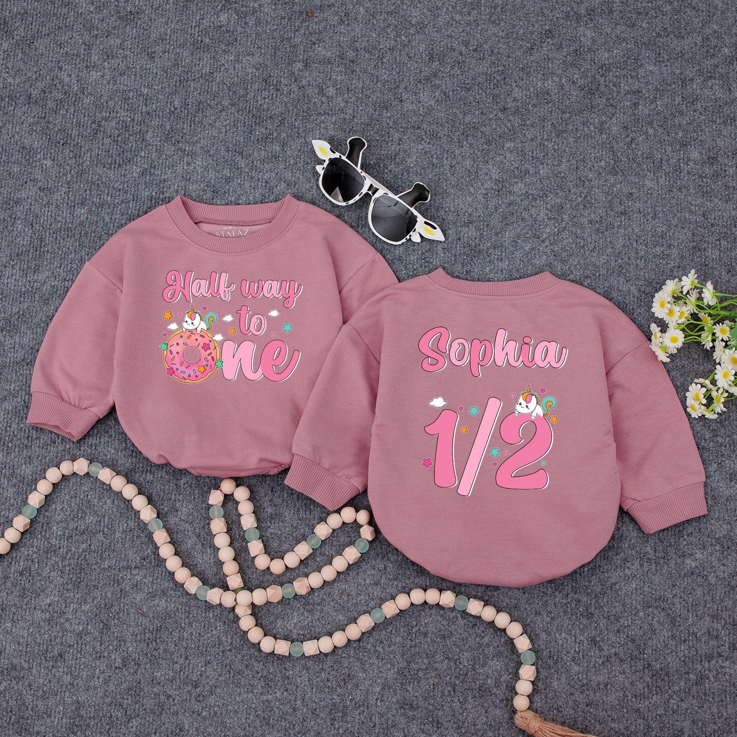 Half Way to One Unicorn Romper for Baby Girl 6 Month Birthday Outfit Personalized Pink Unicorn Half Birthday Bodysuit Adorable Unicorn Cake Baby Shower Gift Idea