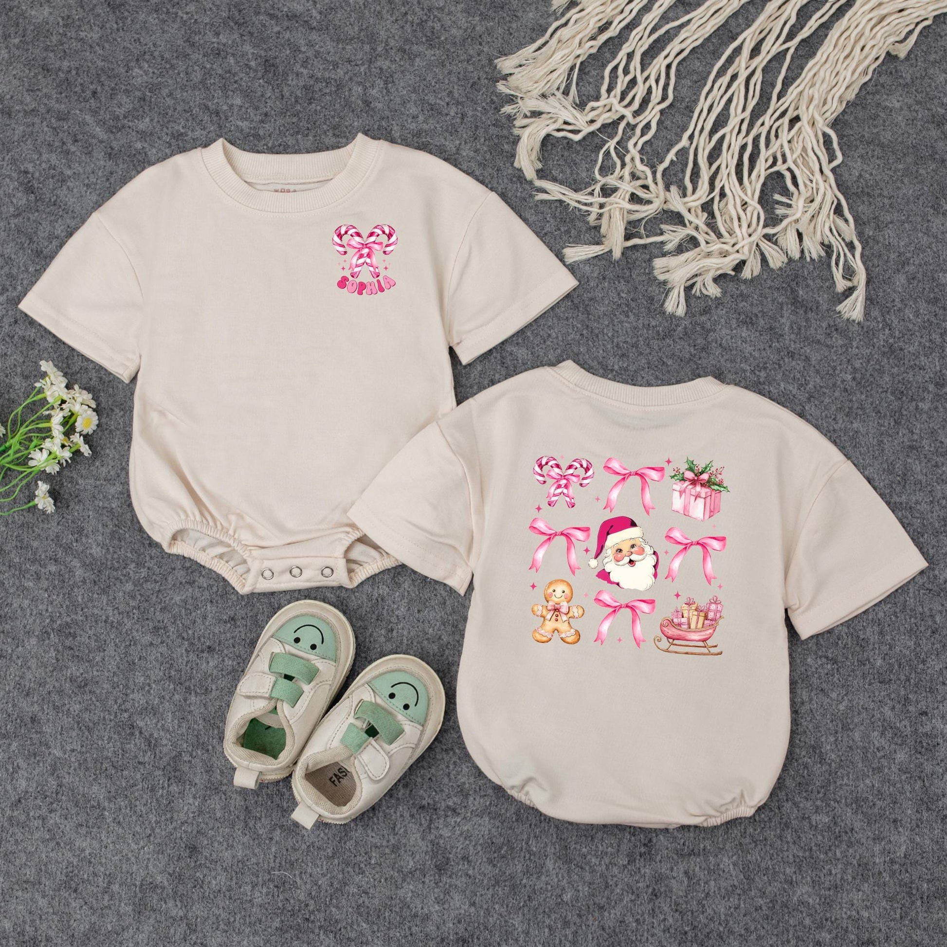 Pink Christmas Baby Romper Girl | Cute Santa Candy Cane Holiday Outfit | Personalized Xmas Bodysuit Gift Set Soft Cotton Festive Winter Clothes 138